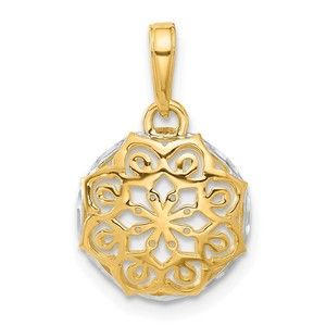 14K Gold and White Rhodium Floral Design Circle Pendant